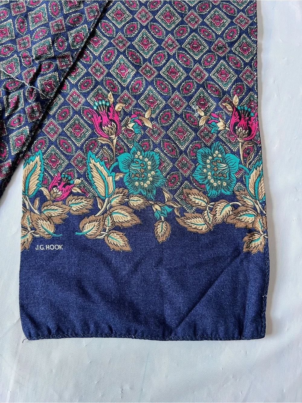 Vintage JG Hook Oblong Rectangle Scarf Wrap navy pink floral Italy preppy 1980s